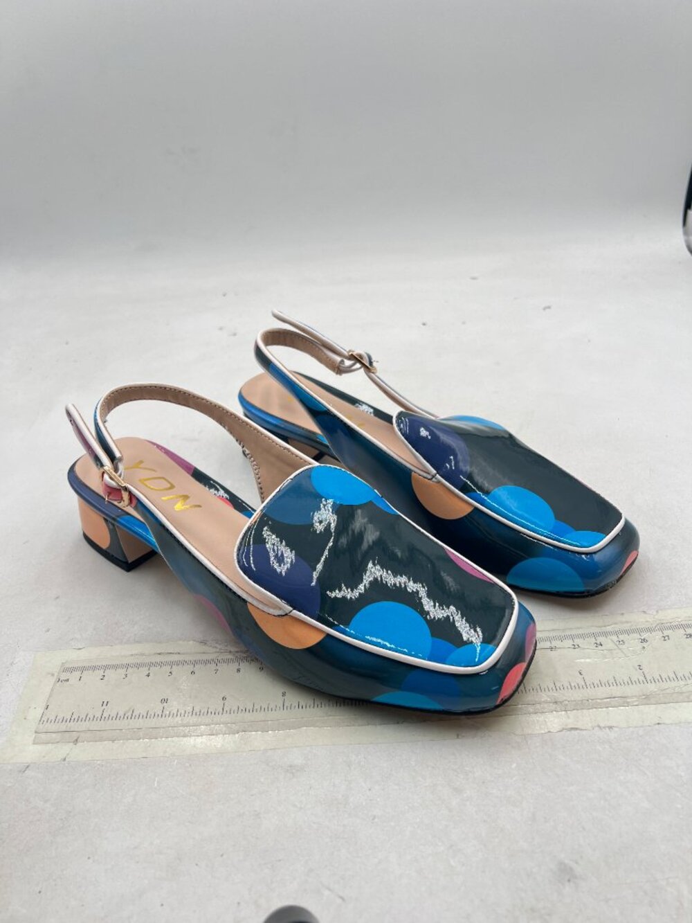 YDN Blue Colorful-dots Square Toe Block Low Heels Slingback Formal Loafer - Picture 4 of 8